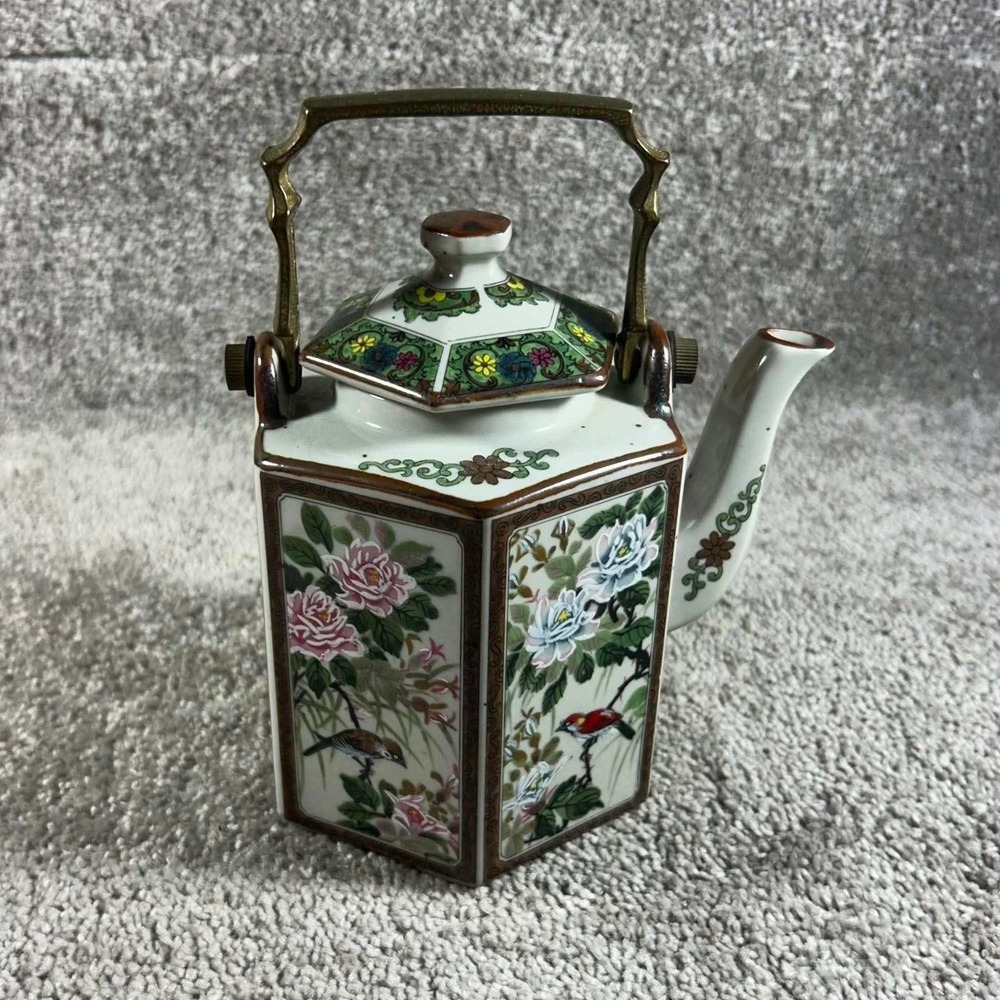 Andrea by Sadek Teapot White Floral Bird Hexagonal Brass Handle Japan Vintage